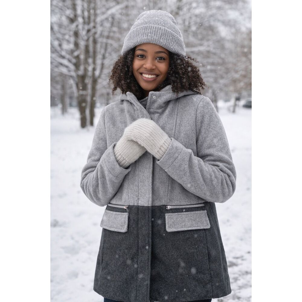 New York & Company Small Wool Blend Color Block Hooded Coat Gray Winter Jacket C